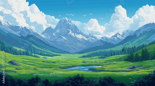 Bright landscape of a green valley, stream, and mountains. Ideal for travel, nature, adventure, and scenic visuals.