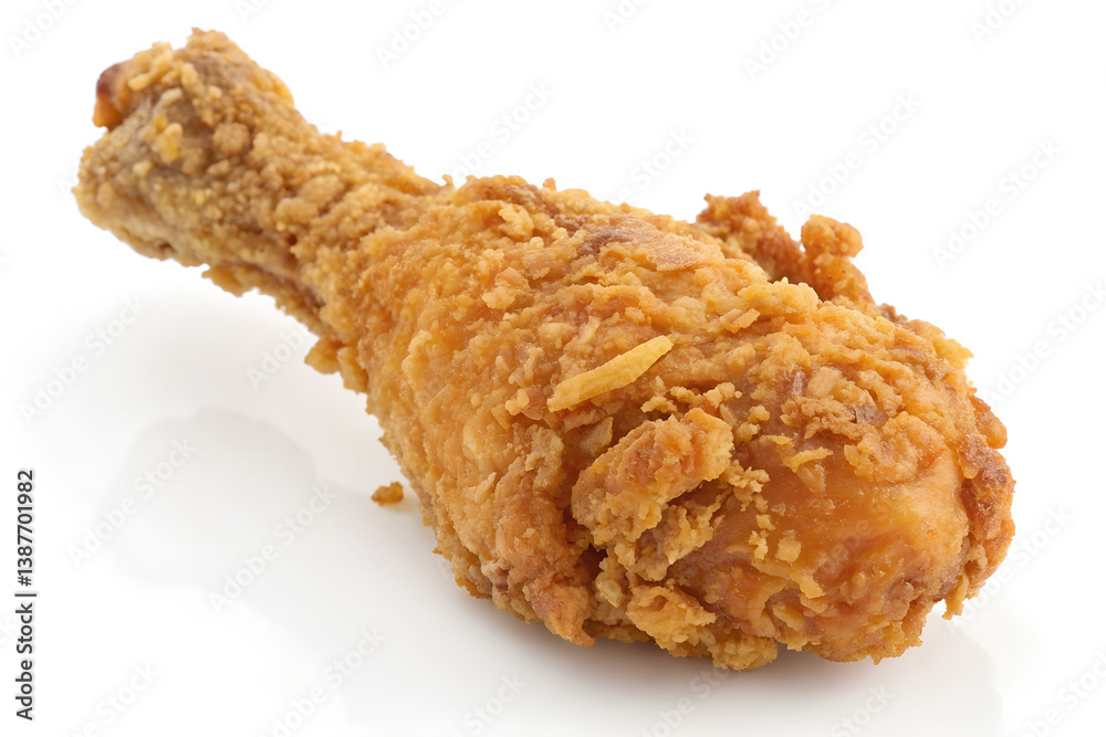 Golden-Brown Fried Chicken Drumstick Isolated on White A Delicious Delight. Golden-Brown Fried Chicken Drumstick Isolated on White A Delicious Delight.
