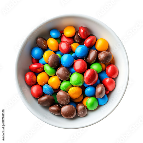 white bowl with colorful candy coated chocolatesc transparent background