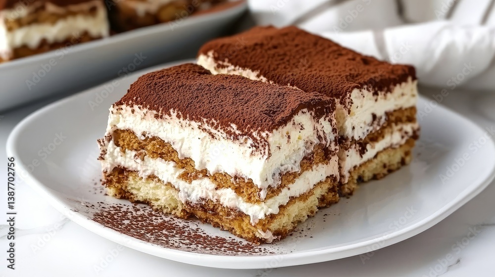 Delicious Creamy Italian Tiramisu with Cocoa Dusting on a White Plate Delicious Creamy Italian Tiramisu with Cocoa Dusting on a White Plate