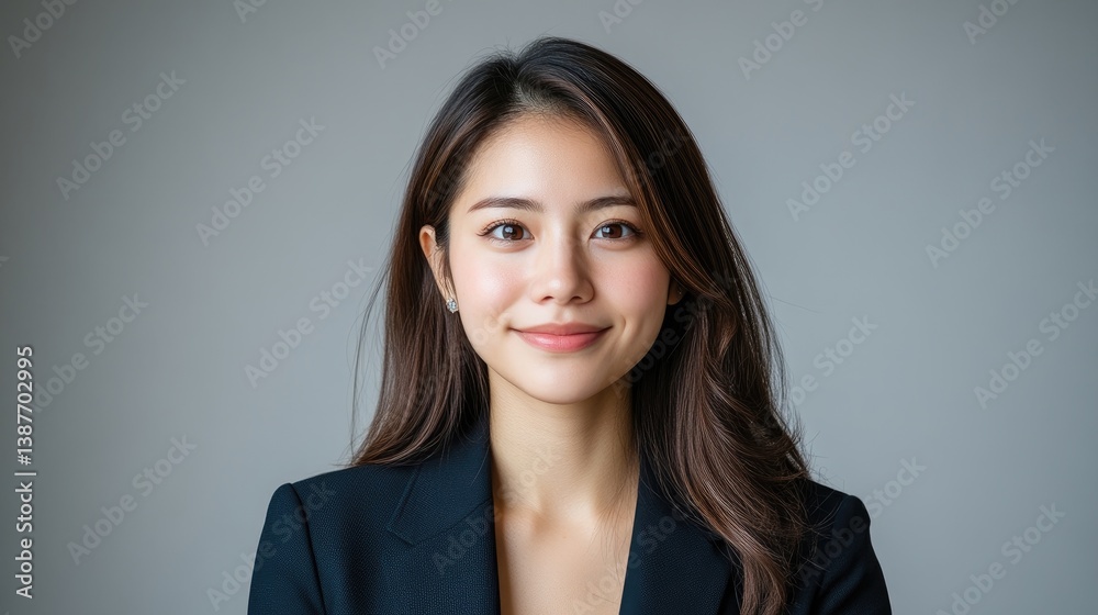 A young woman with long brown hair smiles directly at the camera. She wears a dark blazer. The image is a high-quality headshot against a neutral gray background. The style is professional and clean. A young woman with long brown hair smiles directly at the camera. She wears a dark blazer. The image is a high-quality headshot against a neutral gray background. The style is professional and clean.