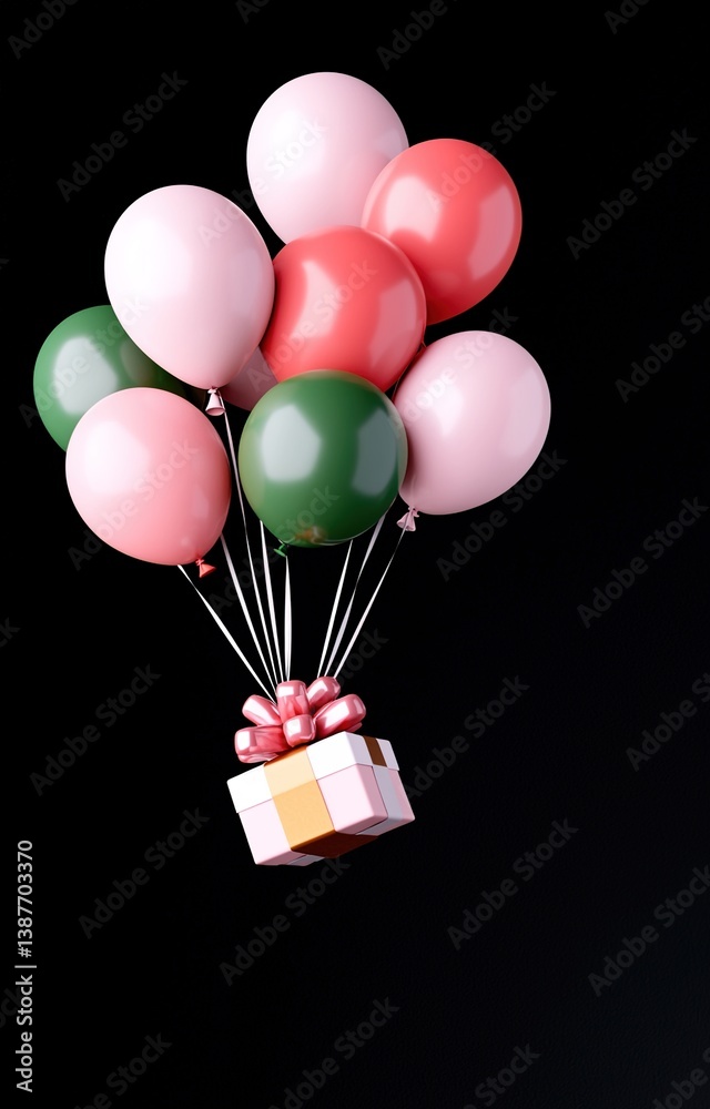 Aesthetic pastel balloons float with gift box, party template, copy space. Black background.