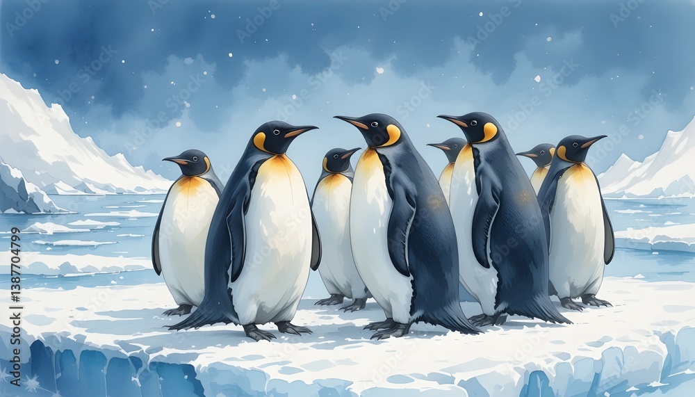 Fototapeta premium A group of penguins standing on ice, with a snowy background. Watercolor painting 
