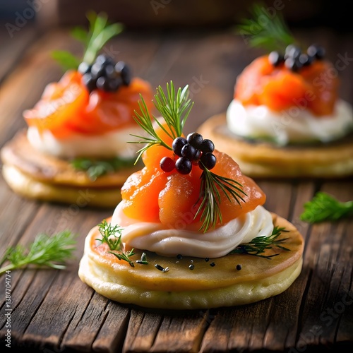 Smoked Salmon Rosette on Blini, with Dill Crème Fraîche and Caviar, Presented as Luxe Hors d’Oeuvres for Elegant Events