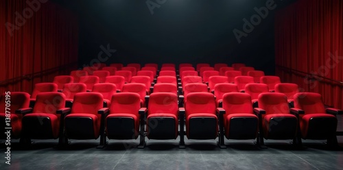 Empty red theater seats on a gray stage floor, red, flat