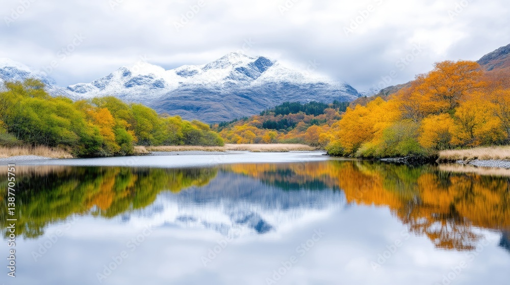 A serene lake reflects snow-capped mountains and autumnal trees. The composition is balanced, with vibrant yellows and greens mirroring in the calm water. High-resolution image with soft, natural li A serene lake reflects snow-capped mountains and autumnal trees. The composition is balanced, with vibrant yellows and greens mirroring in the calm water. High-resolution image with soft, natural li