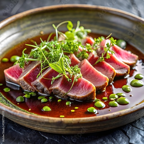 Wagyu Beef Tataki with Ponzu Sauce and Microgreens, Glossy Ceramic Plate, Close-Up Food Styling
