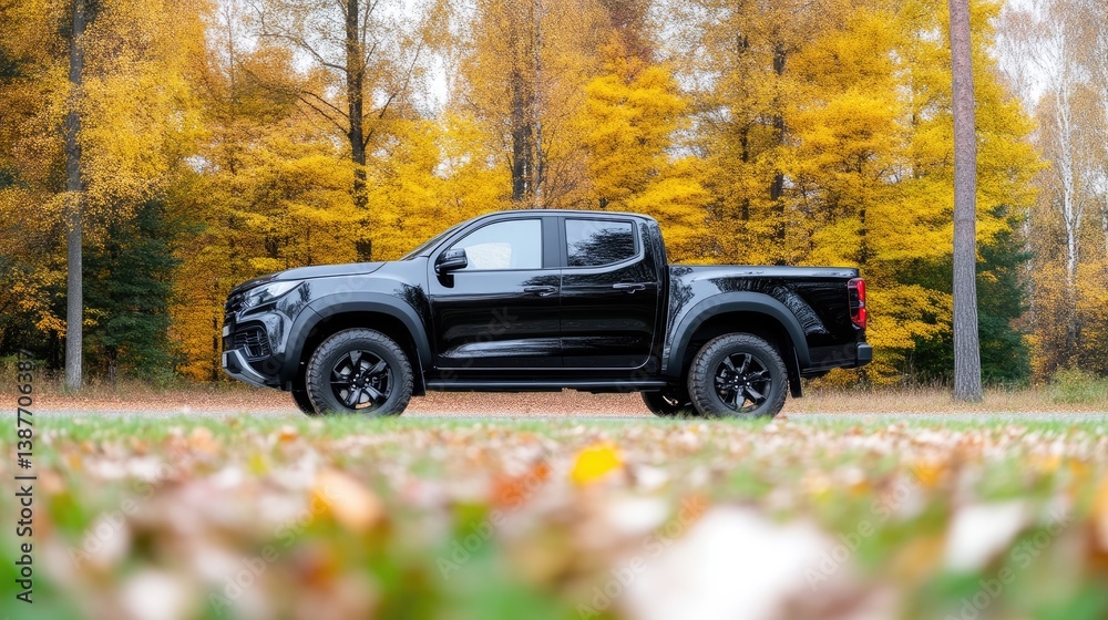 A black pickup truck, showcasing its sleek design and large wheels, is parked in a forest. Autumn leaves cover the foreground, blurring the background. The image is high-quality, with natural lightin A black pickup truck, showcasing its sleek design and large wheels, is parked in a forest. Autumn leaves cover the foreground, blurring the background. The image is high-quality, with natural lightin