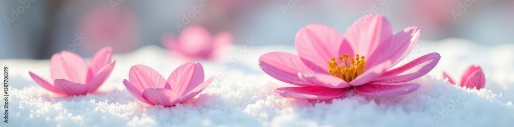 Delicate flower petals unfolding on a snowy white surface, isolated, spring Delicate flower petals unfolding on a snowy white surface, isolated, spring
