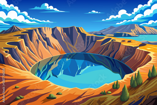 Volcanic crater lake surrounded by bare rock walls