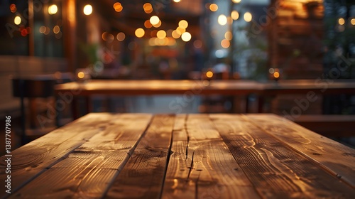 Empty wooden table with christmas theme in background, Warm Glow: A Cozy Evening at a Wooden Table