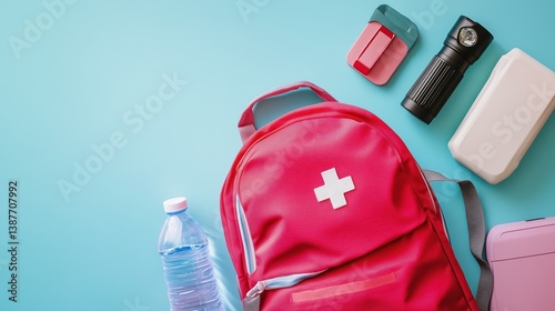Emergency survival backpack kit with essential supplies including water, flashlight, first aid, and food for disaster preparedness and personal safety planning