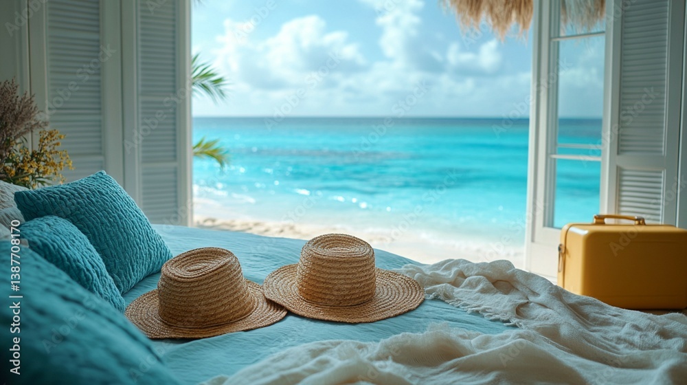 Obraz premium Straw hats on a bed facing the blue sea on the beach 