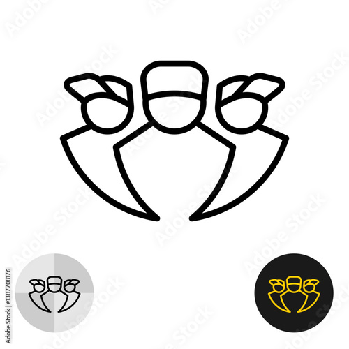 Crew logo with three people in a baseball caps - urban style gangs black line icon. Teamwork symbol. Editable stroke.