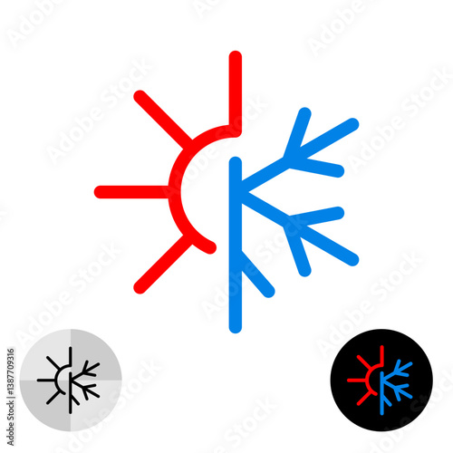 Hot and cold icon with sun and snowflake thin line style symbols. All weather property sign. Editable stroke.