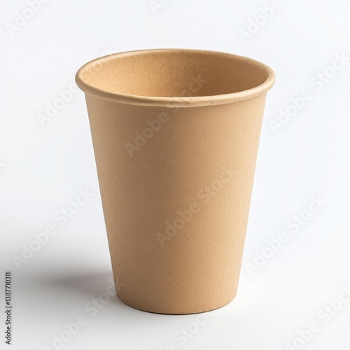 Brown disposable paper cup standing upright on white background.