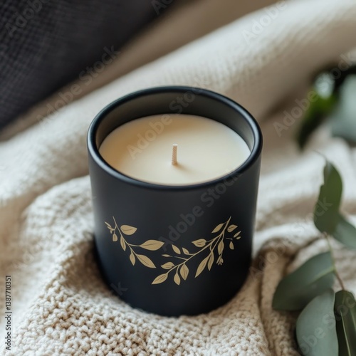 Scented candle in black jar with leaf design resting on knitted blanket.