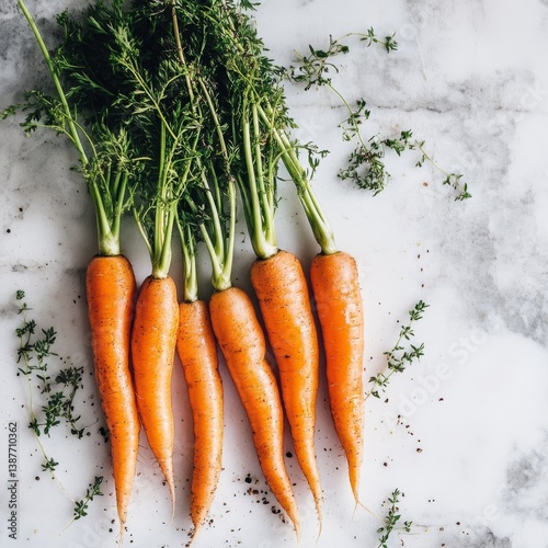 Fresh organic carrots with green tops on marble surface, top view composition.