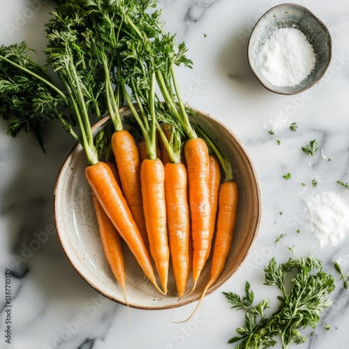 Fresh carrots with green tops in ceramic bowl on marble kitchen surface.