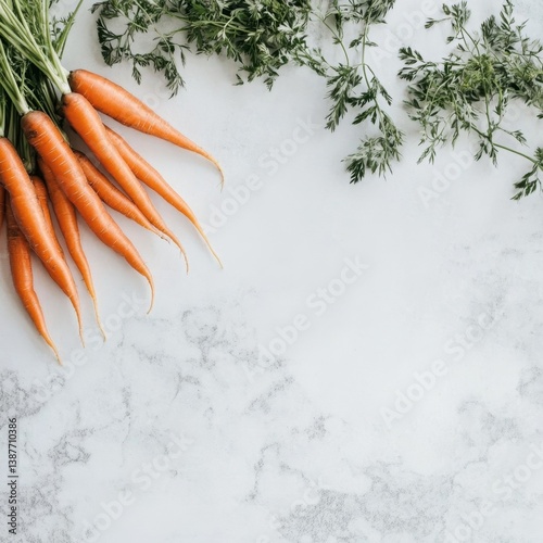 Fresh organic carrots with green tops on marble surface, top view composition.