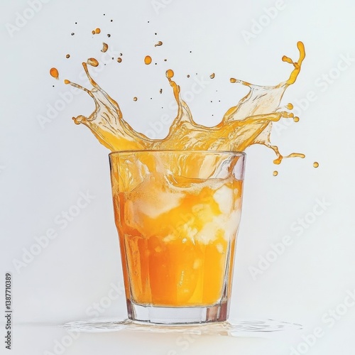 Splashing orange juice in glass with ice on white background.