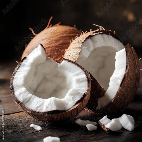 Close-up of cracked coconut halves and chunks on wooden table surface.