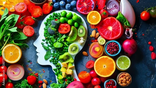silhouette of a human body, Selection of healthy food, Superfoods, various fruits and assorted berries, nuts and seeds, , healthy life style, mindful eating, good for your body, fitness motivation 