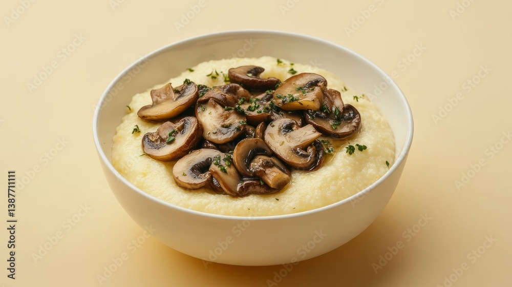 Creamy polenta with sauted mushrooms on soft yellow background cinematic hyperrealism Creamy polenta with sauted mushrooms on soft yellow background cinematic hyperrealism