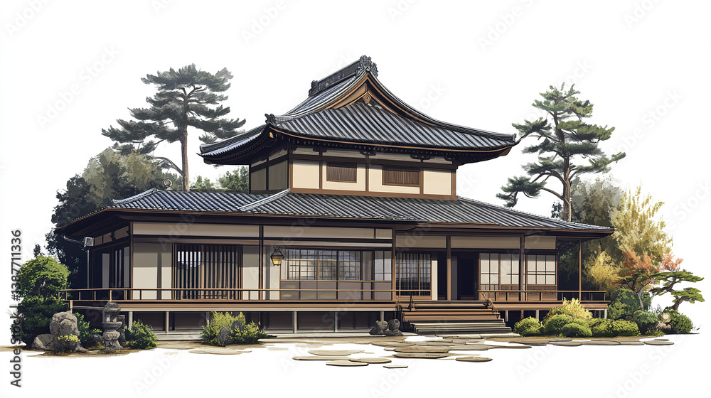 Fototapeta premium Traditional Japanese house with serene garden elements