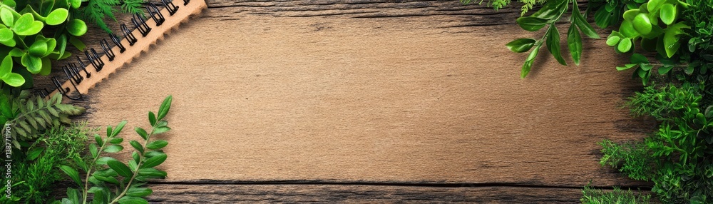 Fototapeta premium Fresh greenery on rustic wooden surface