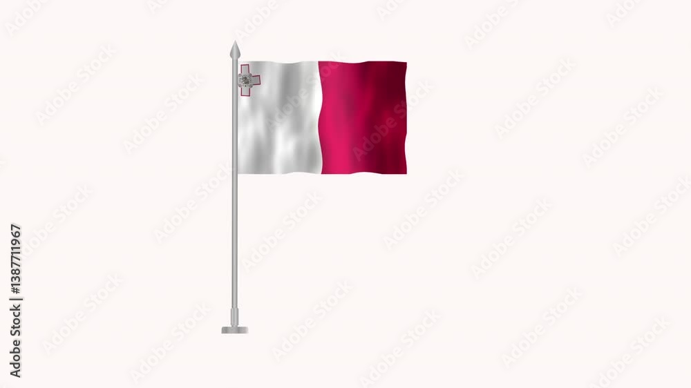 Flag of Malta, Pole flag of Malta on white screen, Malta 3D Animation flag waving in the wind isolated on white Background. 
