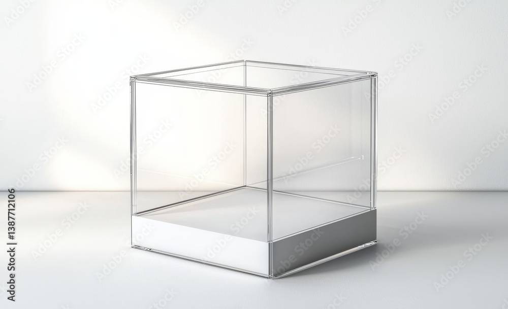 Empty Glass Display Case with White Base, Minimalist , Mockup Empty Glass Display Case with White Base, Minimalist , Mockup