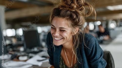 This image captures a joyful young woman with freckles, smiling sincerely while working in a contemporary office environment filled with computers and paperwork around her.