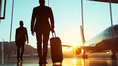 Silhouetted figures walk towards a plane at sunset. Travel concept