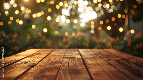 Empty wooden table with christmas theme in background, Warm Glow: A Cozy Evening at a Wooden Table