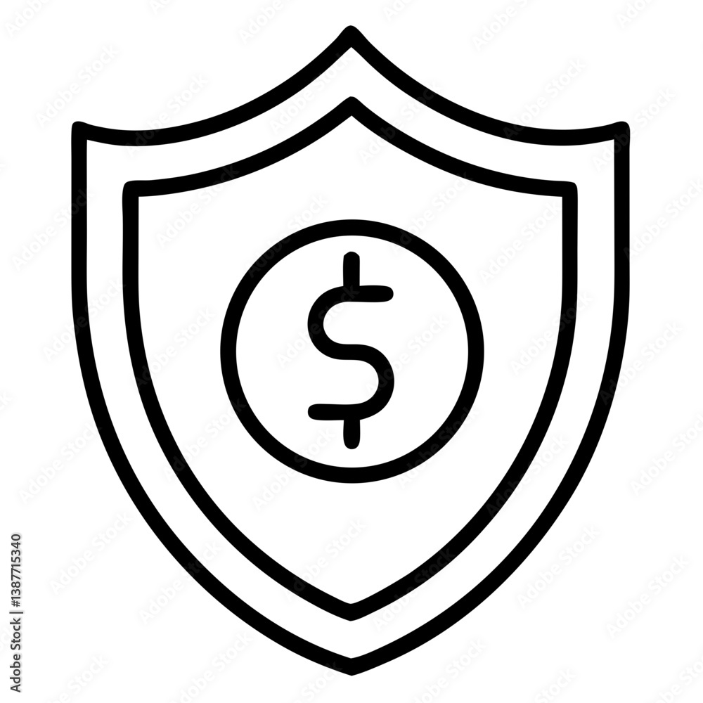Dollar in a Shield Icon Outline on White Background Dollar in a Shield Icon Outline on White Background