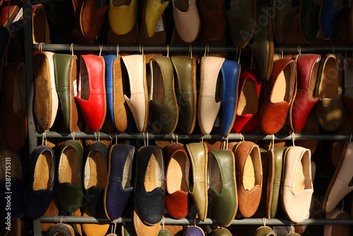Sandals. 'Yemeni', Traditional Handmade Leather Shoes. Traditional Turkish leather shoes called Yemeni. Colorful handmade leather slippers on display in Gaziantep street market.