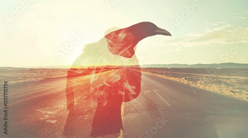crow flying over a deserted road, double exposed with a fading sunset. Symbolizes loneliness and lost hope. Empty, melancholic, fading light. [Crow]:[unlucky] crow, unlucky, double exposure, 