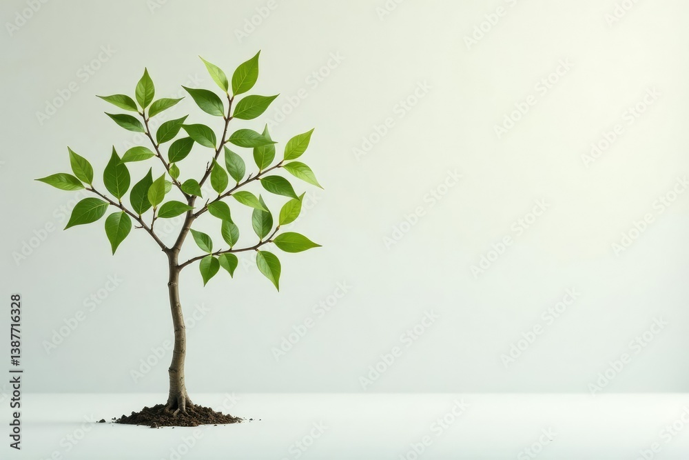 Obraz premium Lone sapling, delicate leaves, white backdrop, graphic, spring