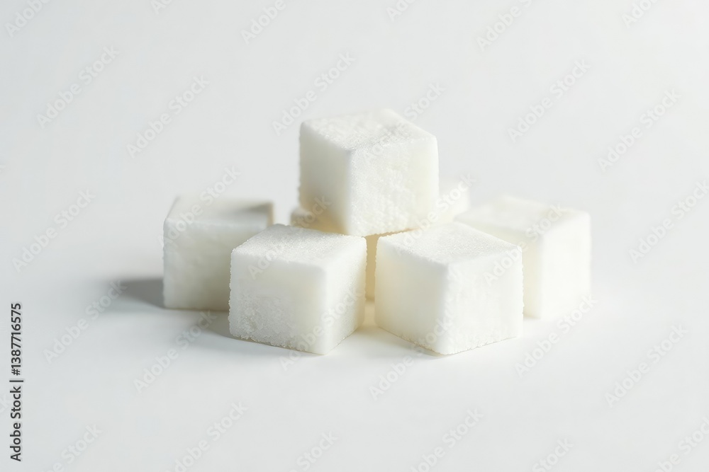 Lumps of refined white sugar against white backdrop, dessert, sweetener Lumps of refined white sugar against white backdrop, dessert, sweetener