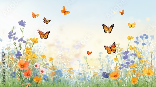 Bright butterflies fluttering over colorful wildflowers. Ideal for nature, spring, environment, and joyful seasonal themes.