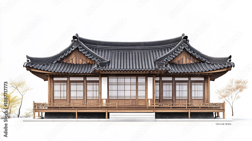 Obraz premium Traditional Korean house with wooden architecture and curved roof