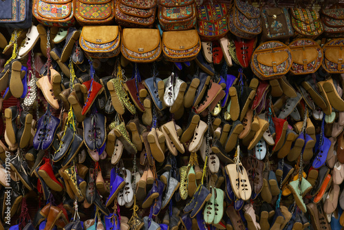 Sandals. 'Yemeni', Traditional Handmade Leather Shoes. Traditional Turkish leather shoes called Yemeni. Colorful handmade leather slippers on display in Gaziantep street market.