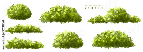 Vector watercolor green  tree or forest side view isolated on white background for landscape and architecture drawing,elements for environment or and garden,Shrub for section