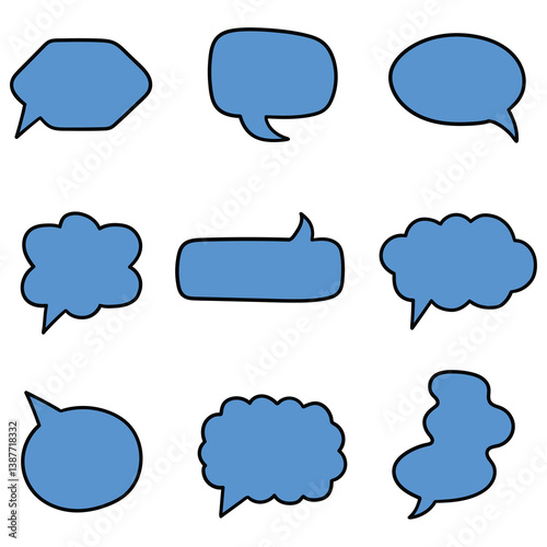 Hand drawn cartoon set of blue speech bubbles on white background.