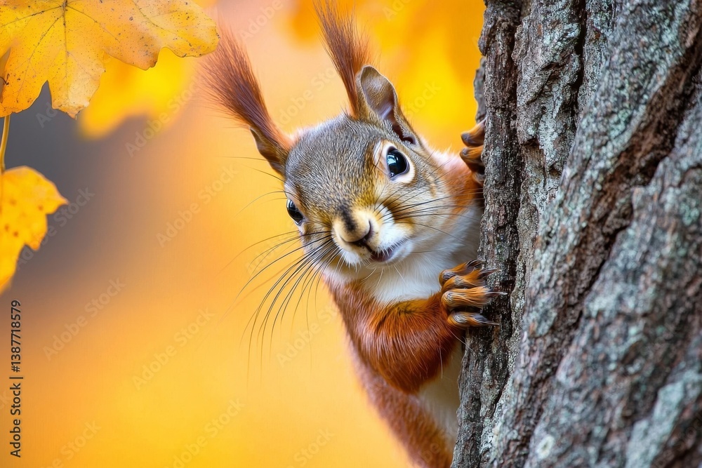 Curious Squirrel Peek-a-boo on Tree Bark with Fall Foliage, wildlife, nature Curious Squirrel Peek-a-boo on Tree Bark with Fall Foliage, wildlife, nature