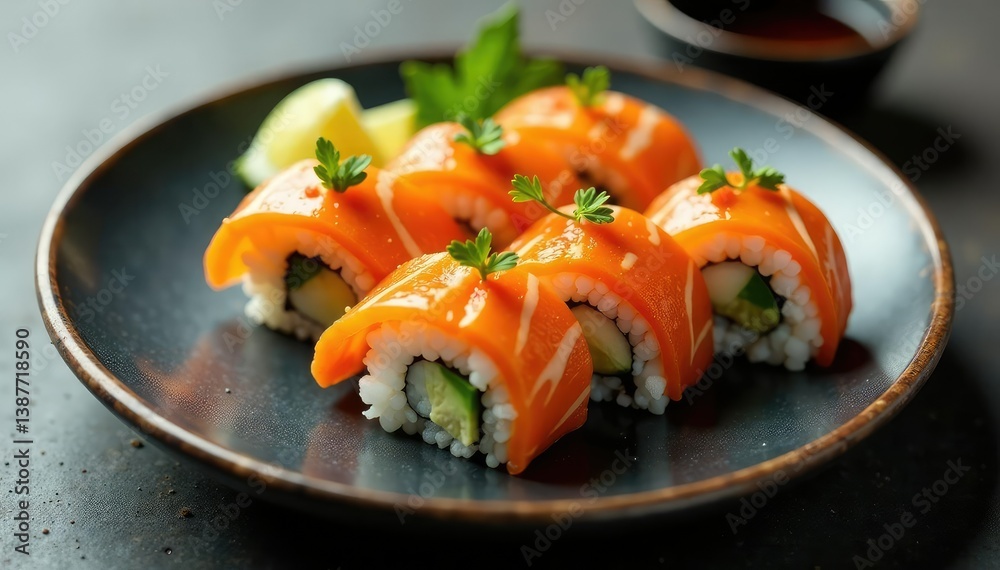 Perfectly arranged sushi platter, minimalist aesthetic, roll, food Perfectly arranged sushi platter, minimalist aesthetic, roll, food