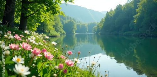 Serene lake scene with Pato Blanco flowers in bloom, greenery, peaceful