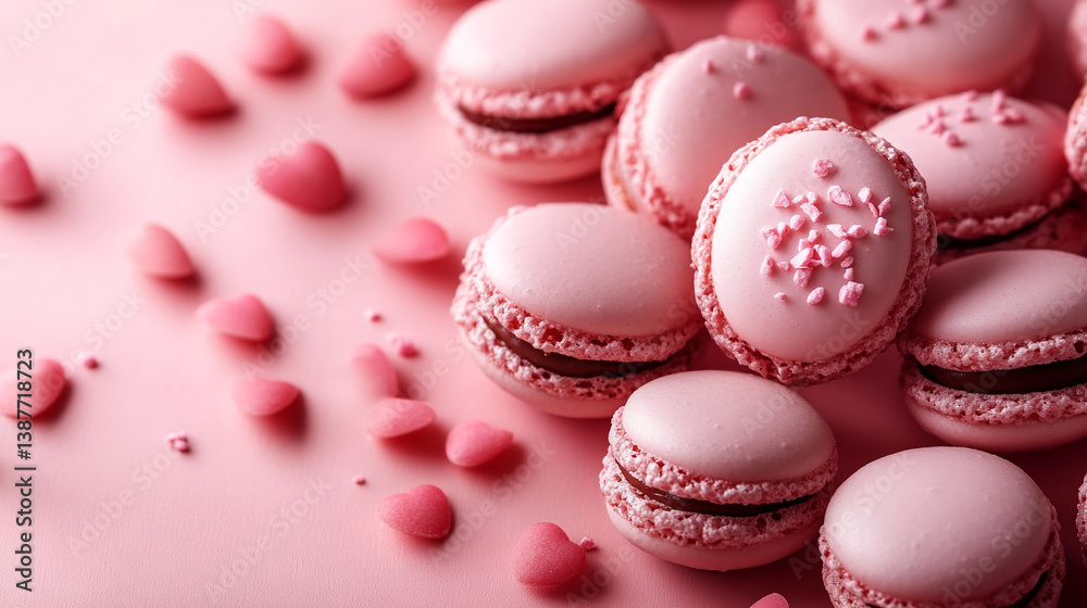 Fototapeta premium Pink Macarons with Decorative Hearts and Sprinkles on Pink Background