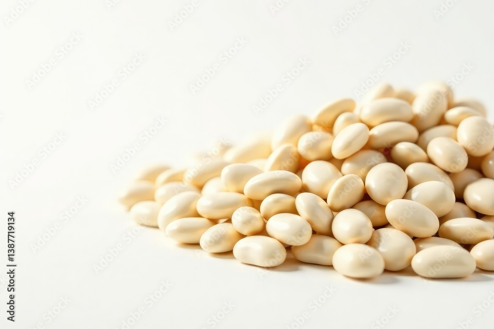 Pile of white beans against a stark white backdrop, food, top view, mass Pile of white beans against a stark white backdrop, food, top view, mass